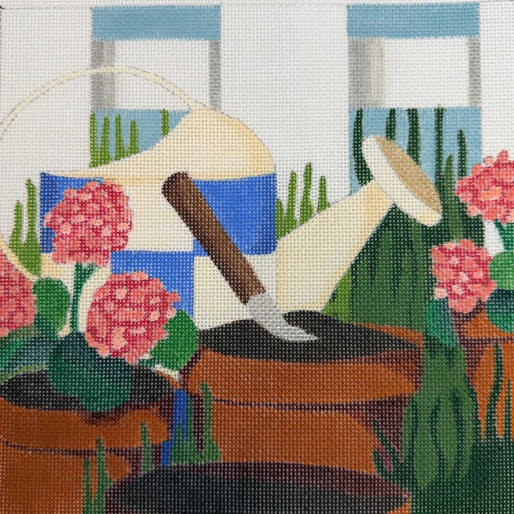 Vintage Gardening Hand Painted Needlepoint Pillow Canvas Cottage Garden 1990s